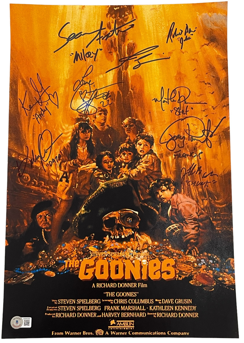 GOONIES FULL CAST SIGNED 12X18 PHOTO 9 AUTOGRAPHS BROLIN FELDMAN BECKETT LOA 5