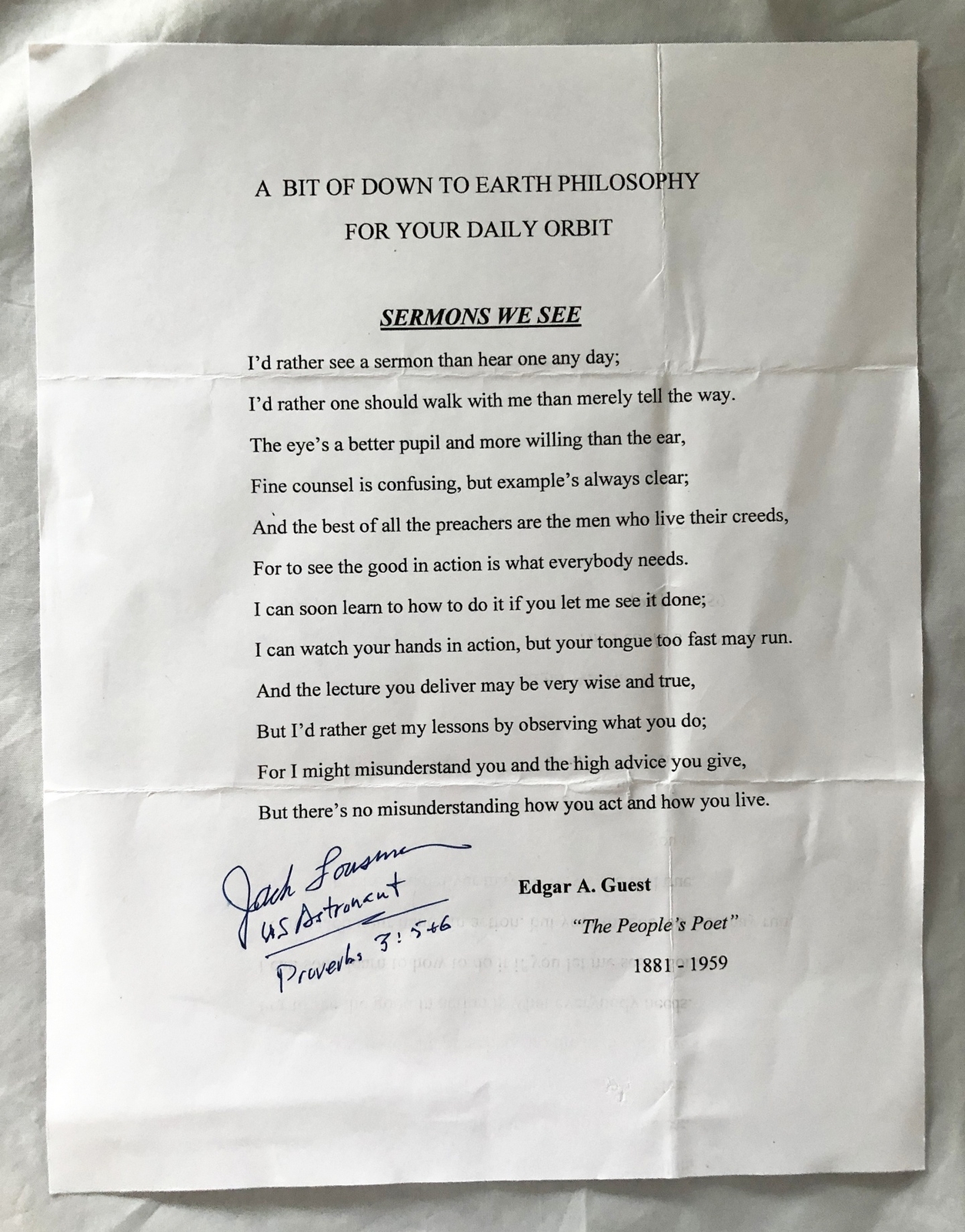 Jack Lousma Signed Paper Quote Astronaut COA