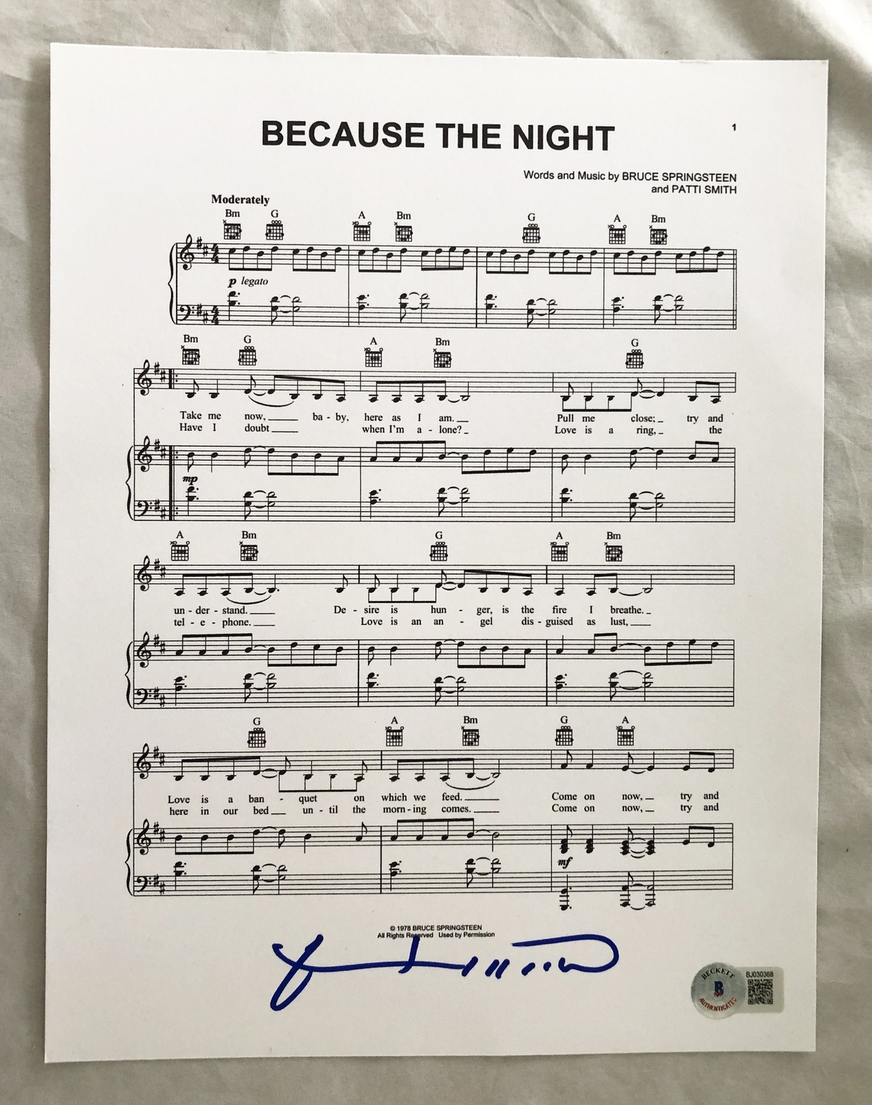 Patti Smith Signed Music Sheet Beckett BAS Because The Night 1 COA