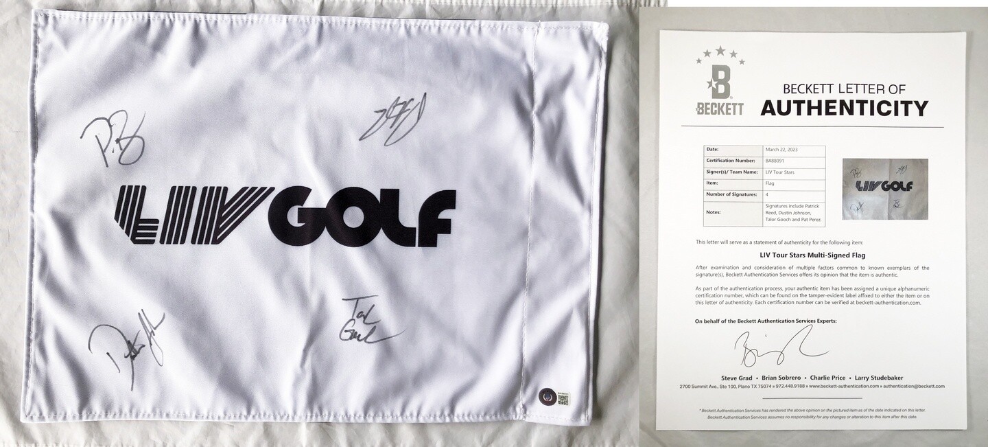 Liv Golf Signed Liv Golf Flag Dustin Johnson Patrick Reed Perez Gooch Beckett...
