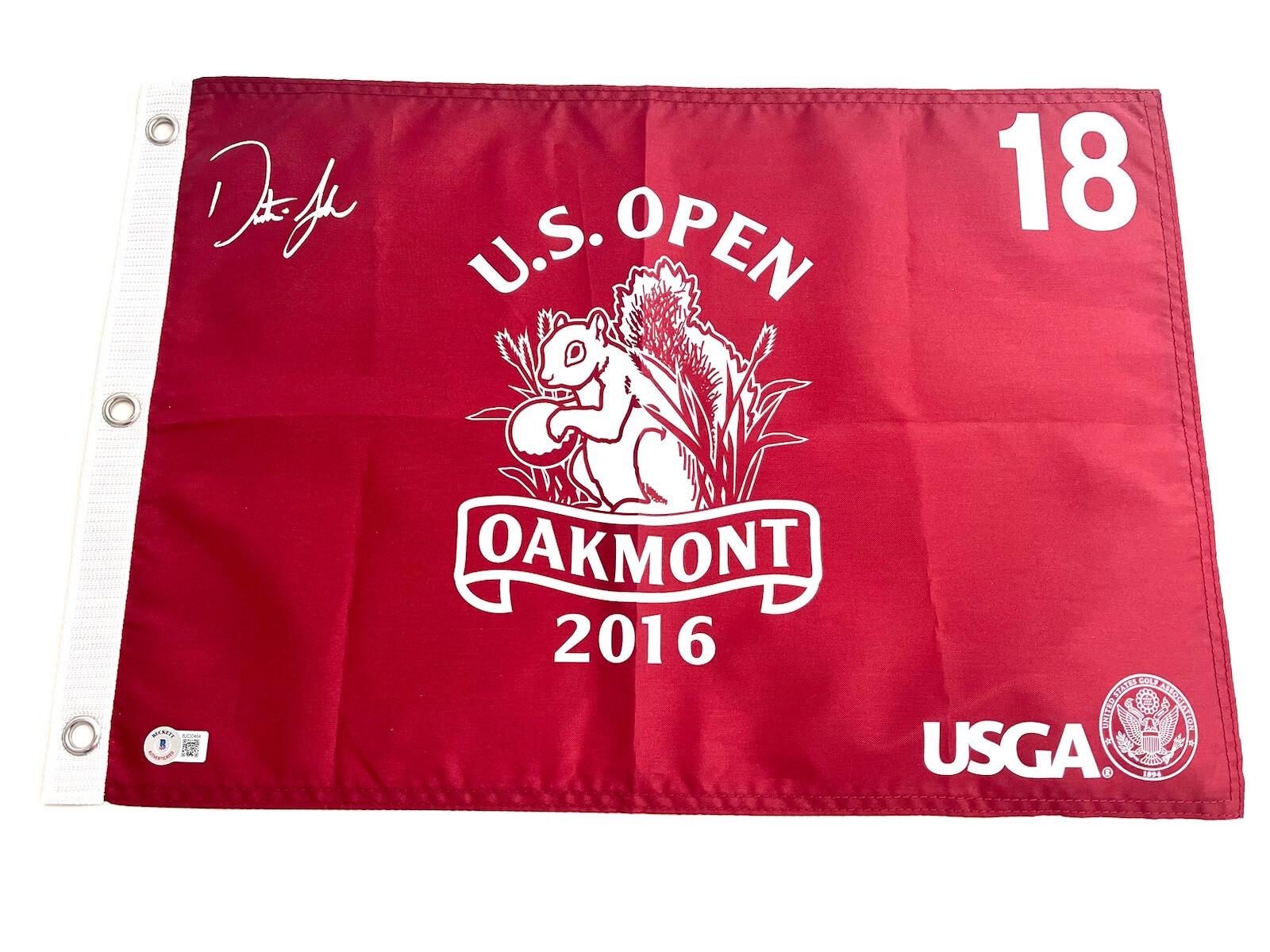 DUSTIN JOHNSON HAND SIGNED 2016 US OPEN WINNER FLAG MAJOR BECKETT BAS CERT #1