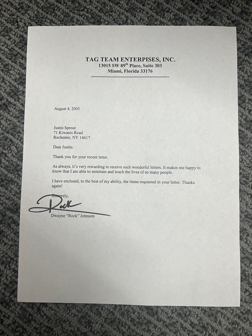 The Rock Dwayne Johnson Facsimile Autograph Letter Letterhead