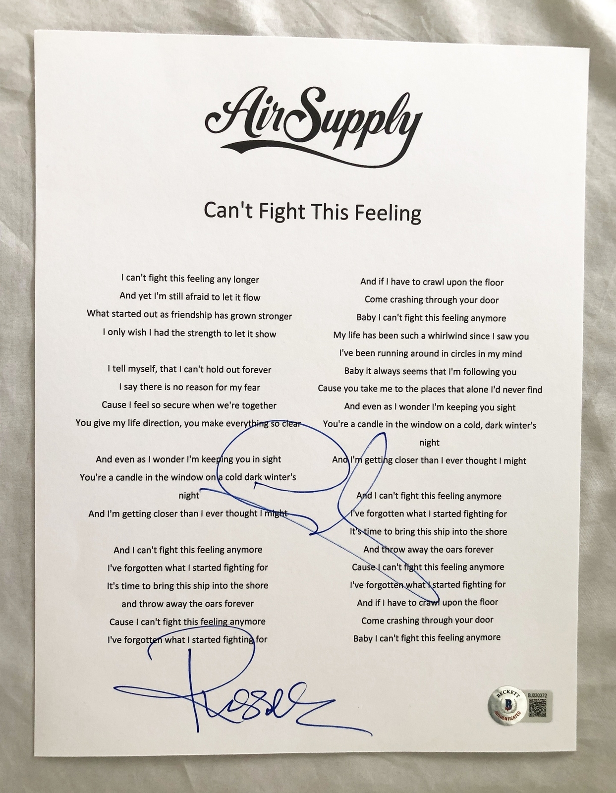 AIR SUPPLY RUSSELL HITCHCOCK AND GRAHAM RUSSELL SIGNED LYRIC SHEET BECKETT BA… COLLECTIBLE MEMORABILIA