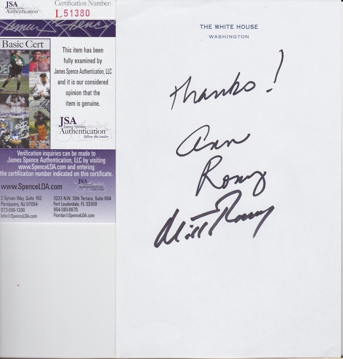 Mitt Romney + Ann Romney Dual Signed White House Stationary w/ JSA COA #L51380