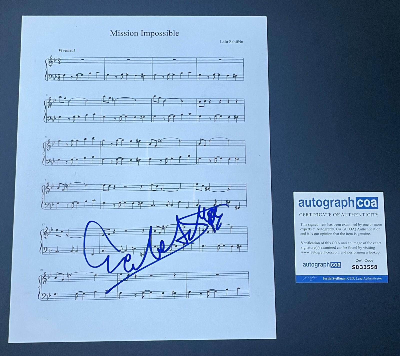 LALO SCHIFRIN SIGNED MISSION IMPOSSIBLE ORIGINAL SCORE SHEET MUSIC w/PROOF
