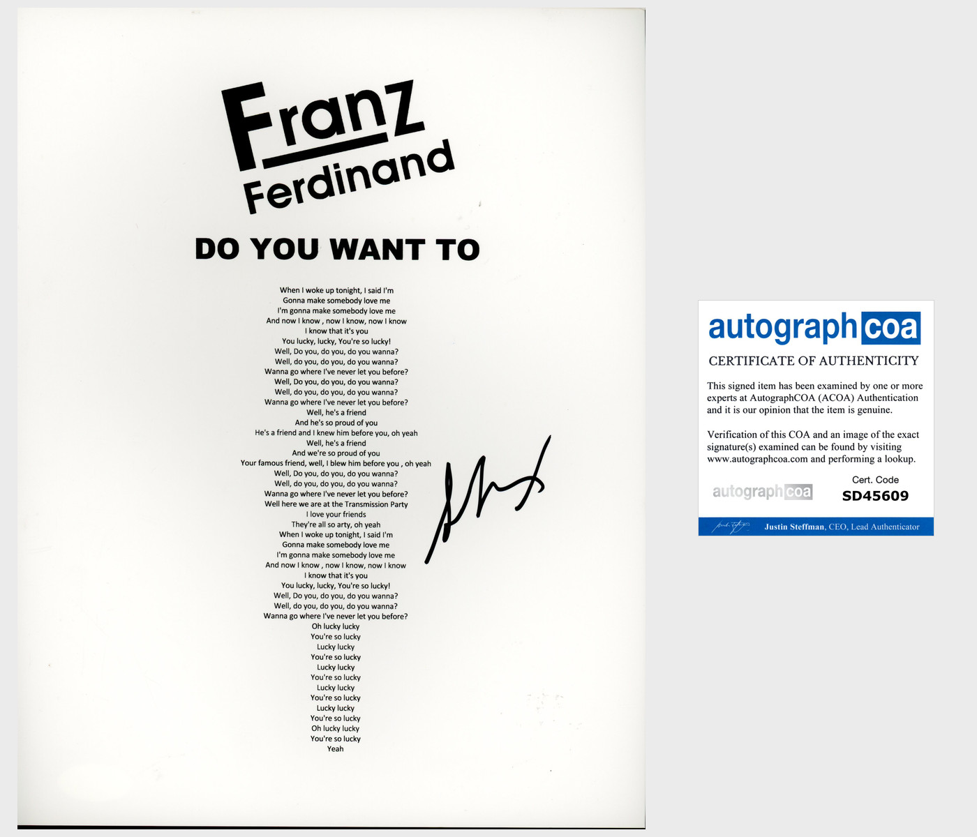ALEX KAPRANOS SIGNED AUTOGRAPH FRANZ FERDINAND DO YOU WANT TO LYRIC SHEET wPROOF
