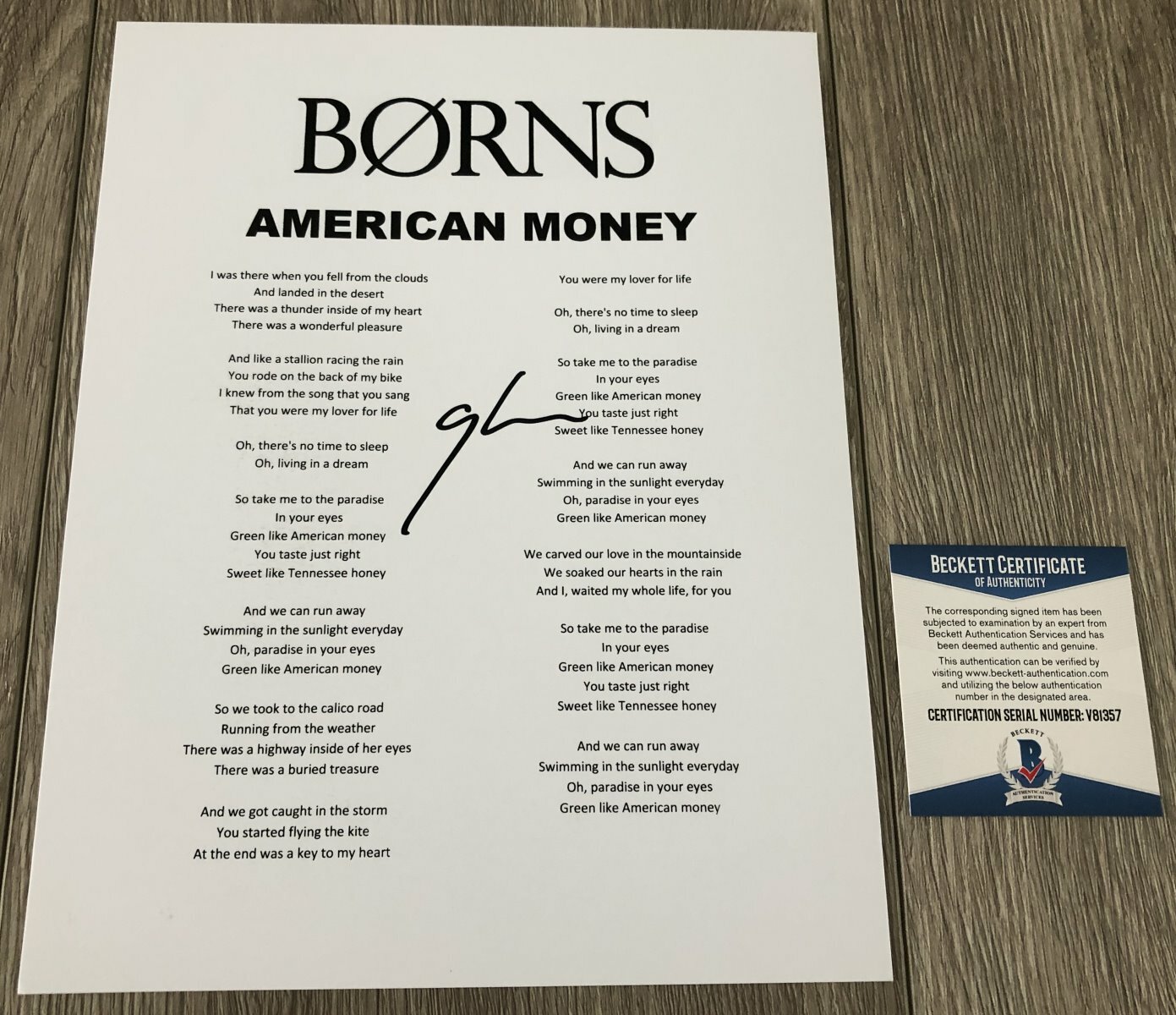 GARRETT BORNS SIGNED AMERICAN MONEY LYRICS SHEET w/PROOF & BECKETT BAS COA

