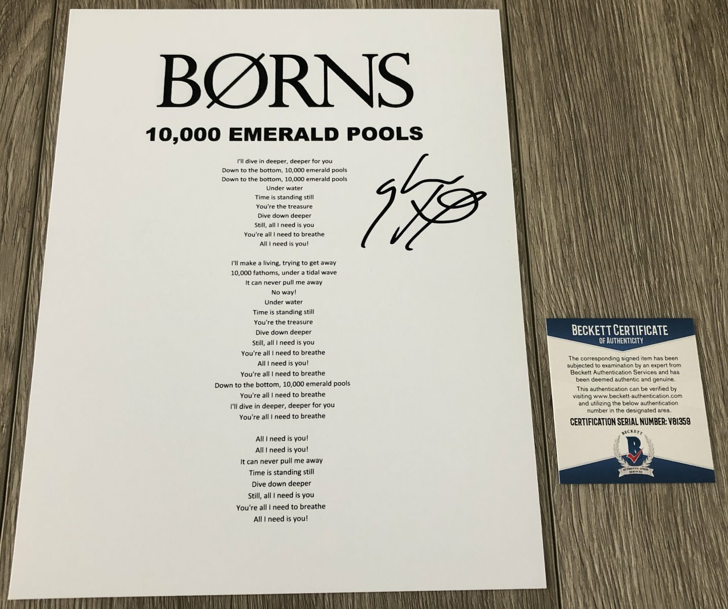 GARRETT BORNS SIGNED 10,000 EMERALD POOLS LYRICS SHEET w/PROOF & BECKETT BAS COA
