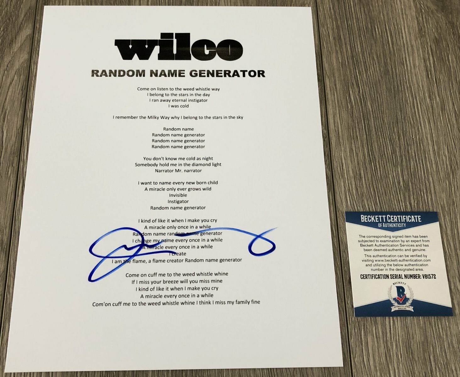 JEFF TWEEDY SIGNED WILCO RANDOM NAME GENERATOR LYRICS SHEET wEXACT PROOF BAS COA
