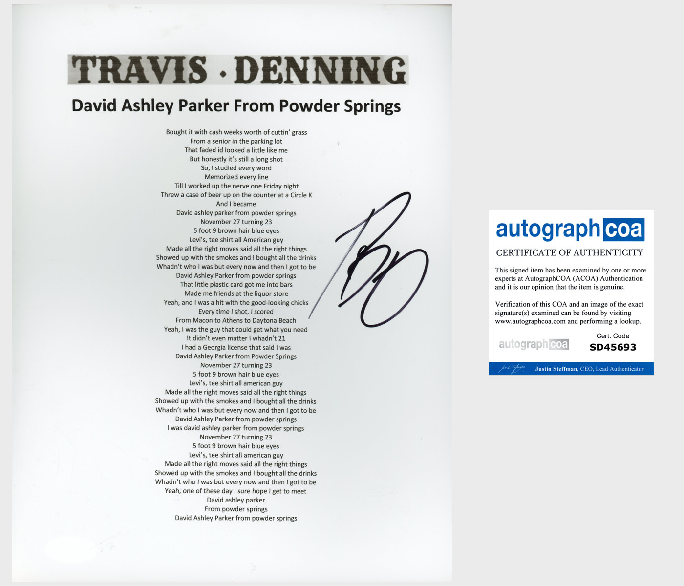 TRAVIS DENNING SIGNED AUTOGRAPH DAVID ASHLEY PARKER LYRIC SHEET w/EXACT PROOF
