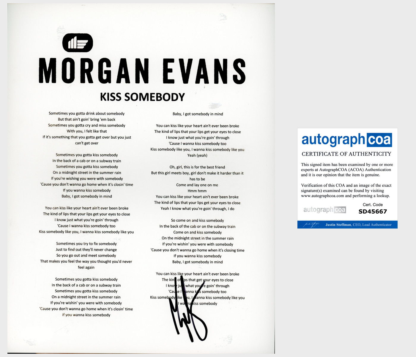 MORGAN EVANS SIGNED AUTOGRAPH KISS SOMEBODY LYRICS SHEET w/EXACT PROOF
