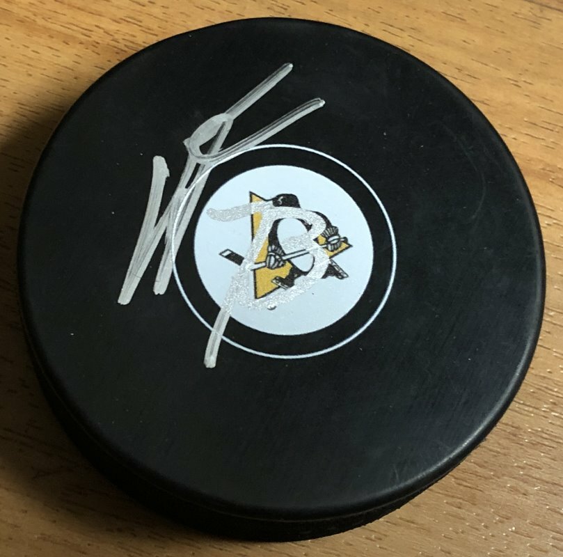 JACK JOHNSON SIGNED AUTOGRAPH PITTSBURGH PENGUINS NHL LOGO PUCK wEXACT PROOF
