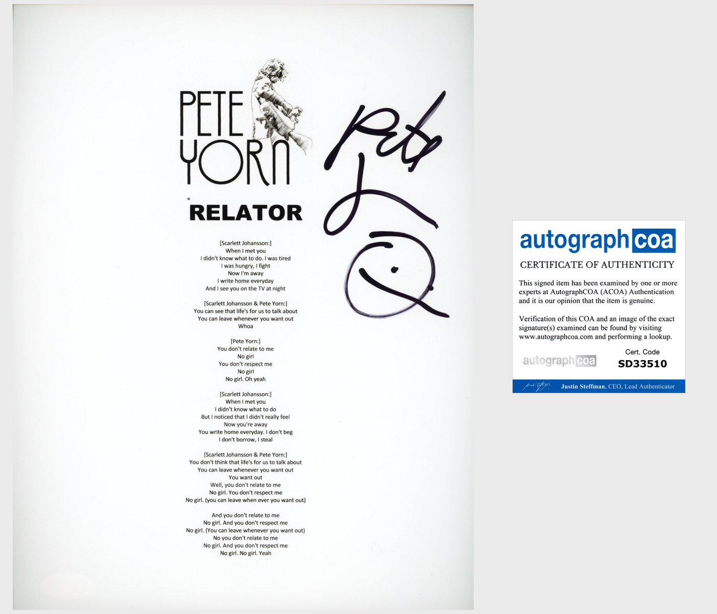 PETE YORN SIGNED AUTOGRAPH RELATOR LYRIC SHEET w/EXACT PROOF
