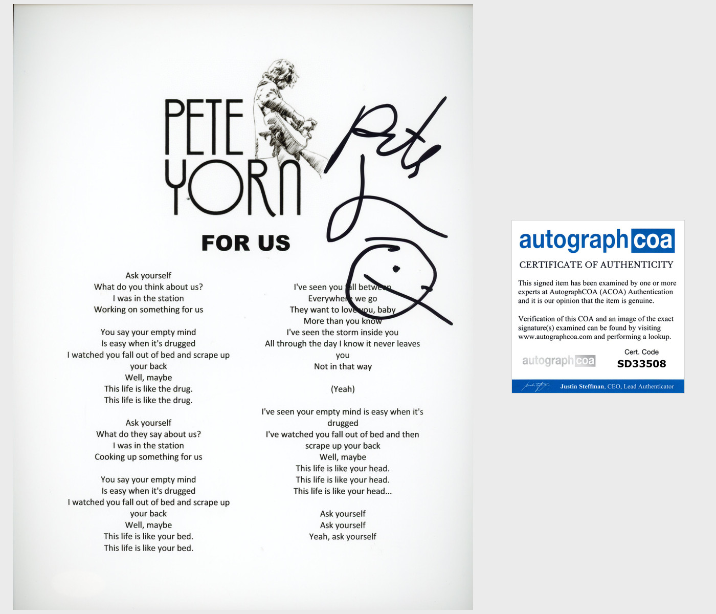 PETE YORN SIGNED AUTOGRAPH FOR US LYRIC SHEET w/PROOF

