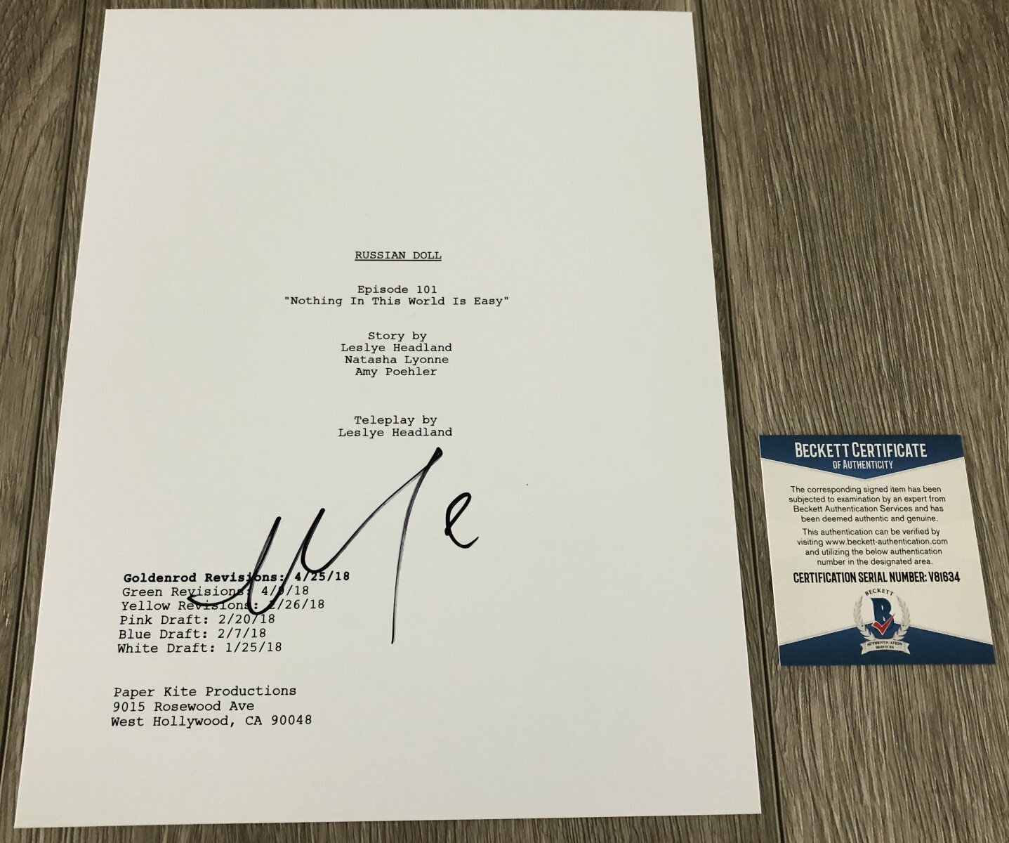 NATASHA LYONNE SIGNED RUSSIAN DOLL 33 PAGE PILOT SCRIPT w/PROOF BECKETT BAS COA
