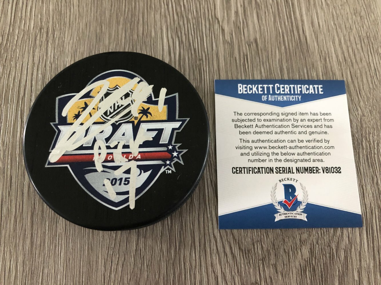KYLE CONNOR WINNIPEG JETS SIGNED 2015 DRAFT PUCK PICK 17 INSCRIPTION w/PROOF BAS
