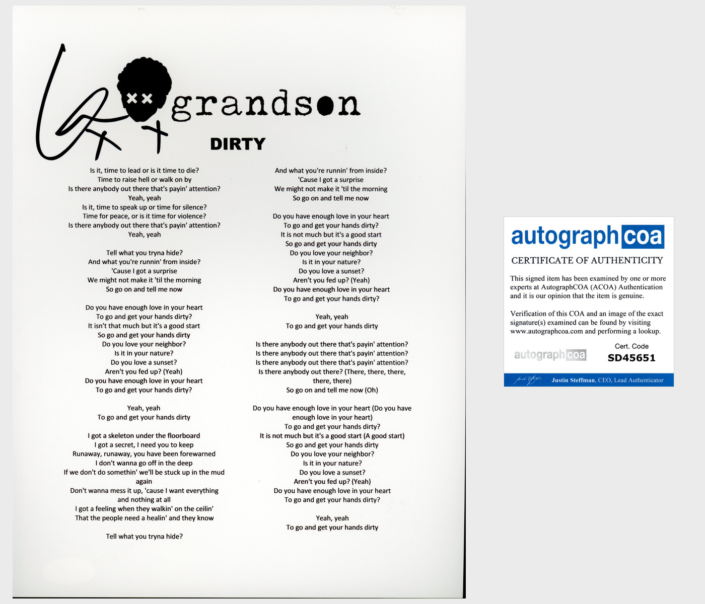GRANDSON JORDAN BENJAMIN SIGNED AUTOGRAPH DIRTY LYRICS SHEET w/EXACT PROOF
