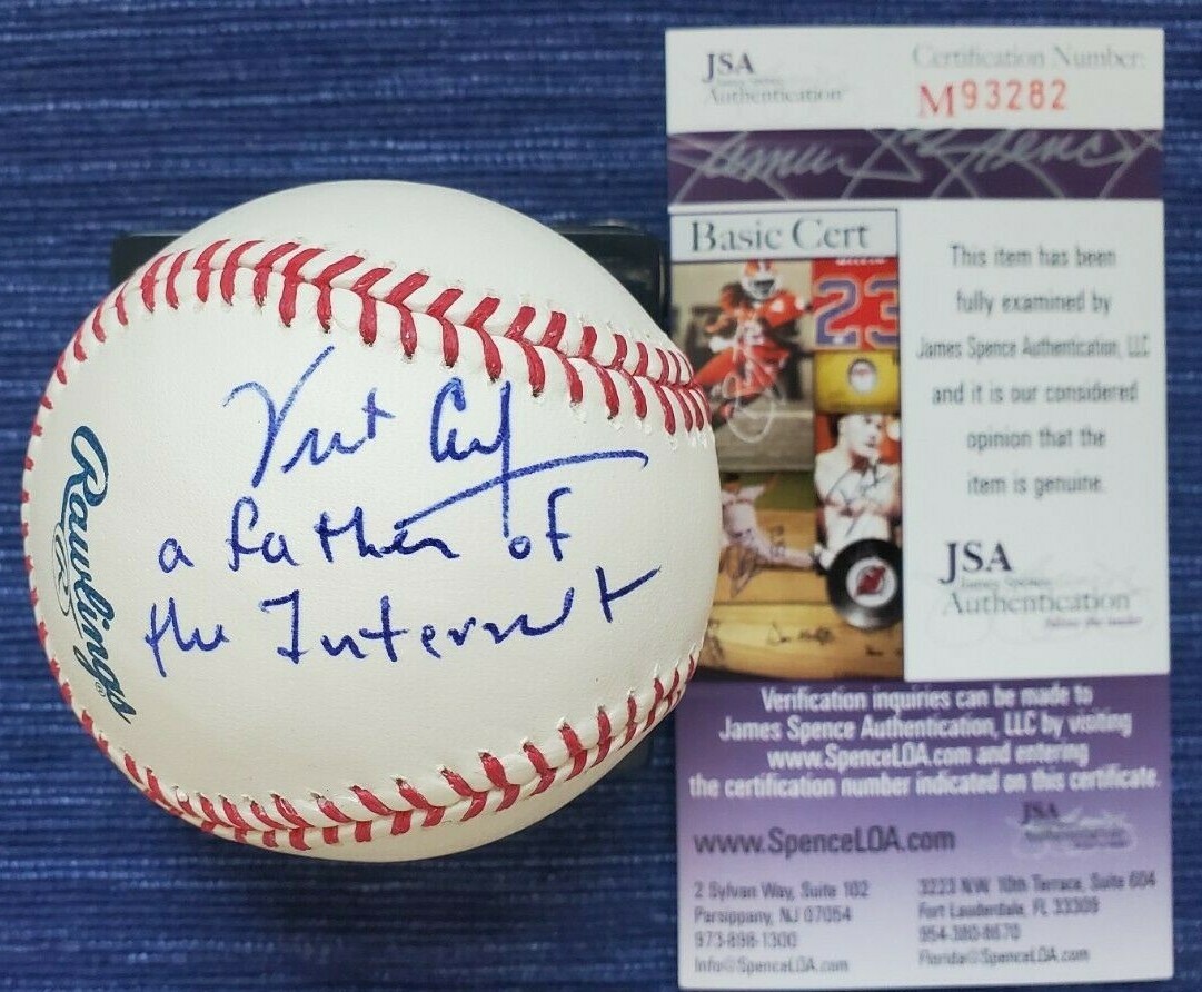 VINT CERF SIGNED OMLB BASEBALL W/ JSA COA “A FATHER OF THE INTERNET” INSCRIPTION COLLECTIBLE MEMORABILIA