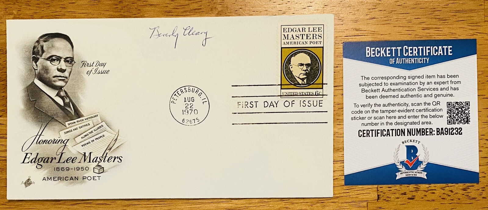 BEVERLY CLEARY SIGNED AUTOGRAPHED FIRST DAY COVER BAS BECKETT CHILDREN’S AUTHOR COLLECTIBLE MEMORABILIA