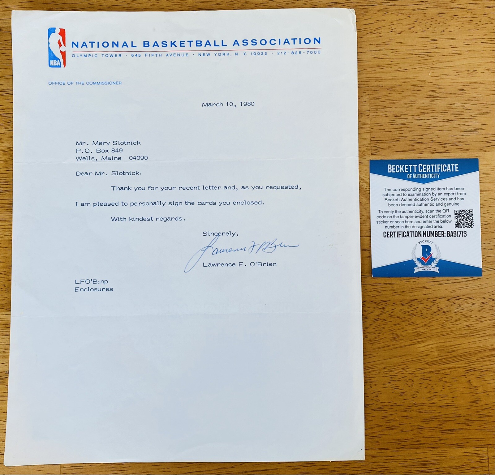 Larry O’Brien Signed Autographed Typed Letter Beckett BAS Cert NBA Commissioner
