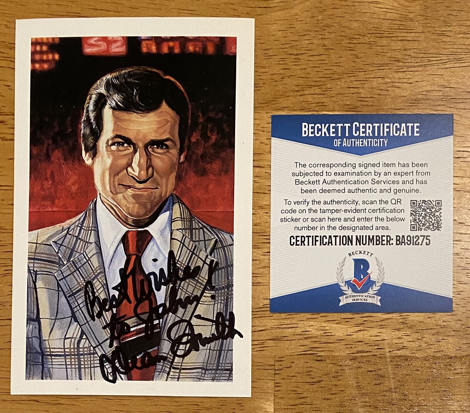 Dean Smith Signed Autographed Ron Lewis HOF Art Postcard Beckett BAS Cert
