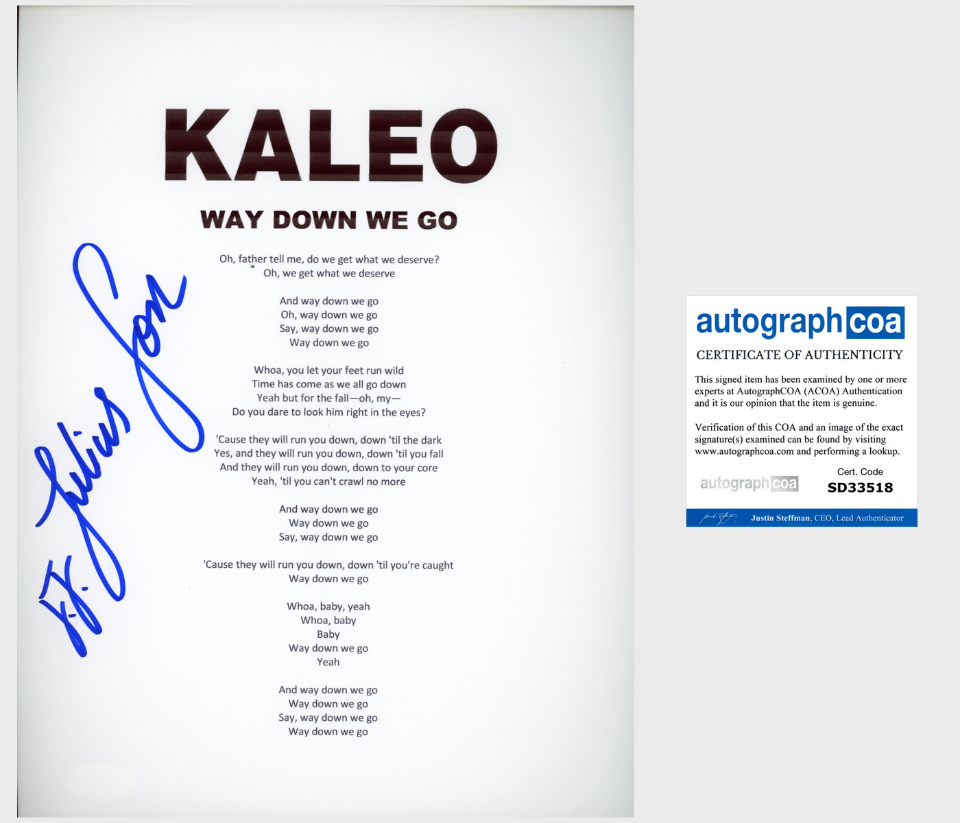 JJ JOKULL JULIUSSON SIGNED KALEO WAY DOWN WE GO LYRIC SHEET W/EXACT PROOF COLLECTIBLE MEMORABILIA