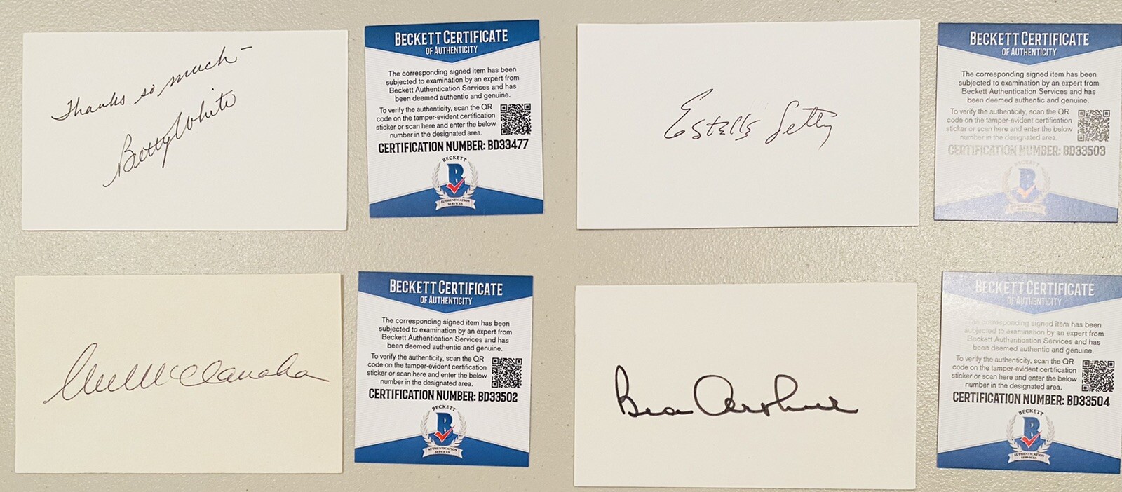 The Golden Girls Signed Autographed Complete Cast 3x5 Card Set X4 Beckett BAS
