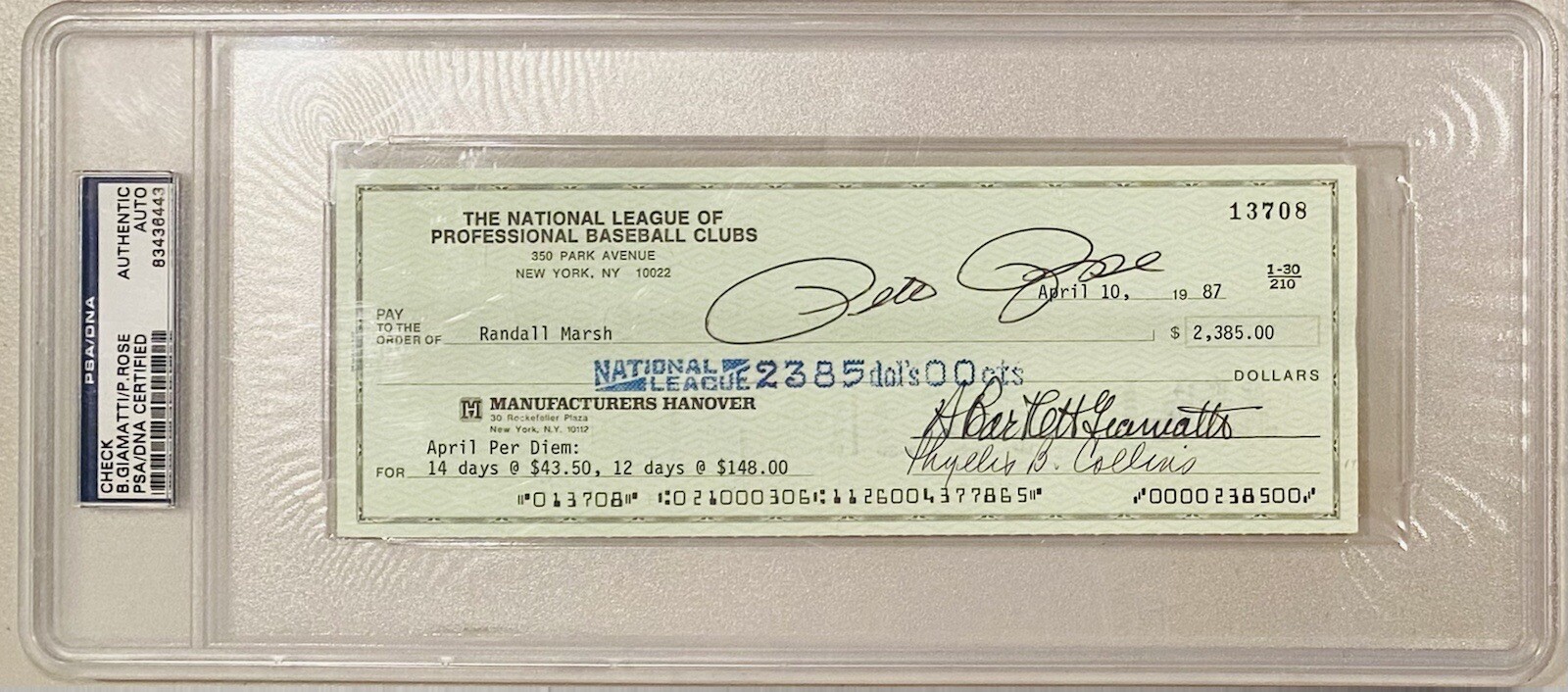 Bart Giamatti & Pete Rose Dual Signed Autographed Canceled Check PSA DNA Slabbed
