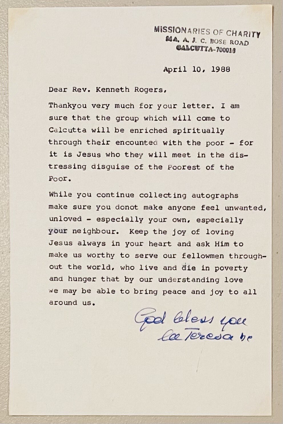 Mother Teresa Autographed 5.5 x 8.5 Typed Letter Signed JSA Letter TLS
