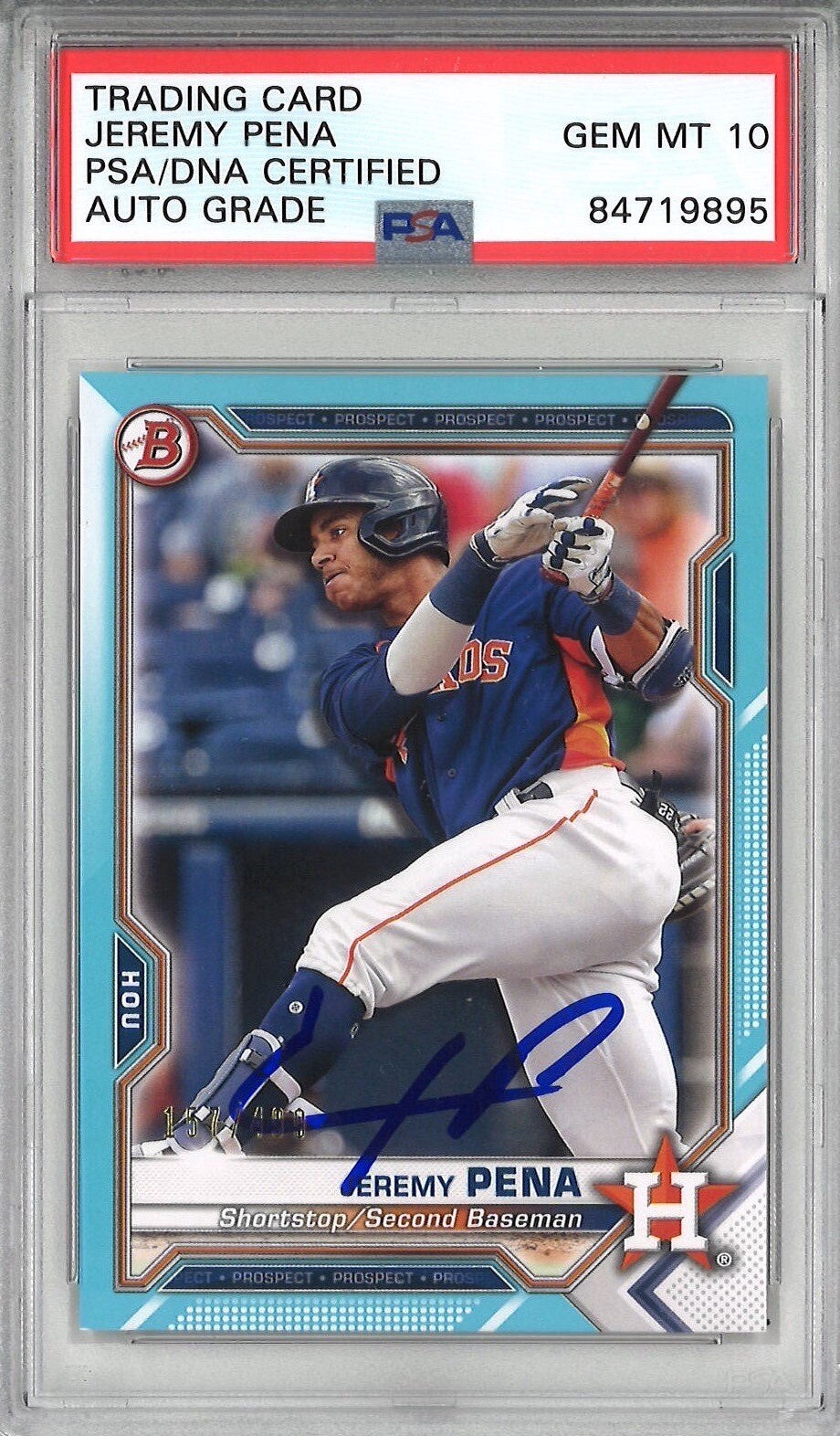 Jeremy Pena Signed 2021 Bowman BP-11 Card #157/499 Sky Blue PSA GEM MINT 10 AUTO