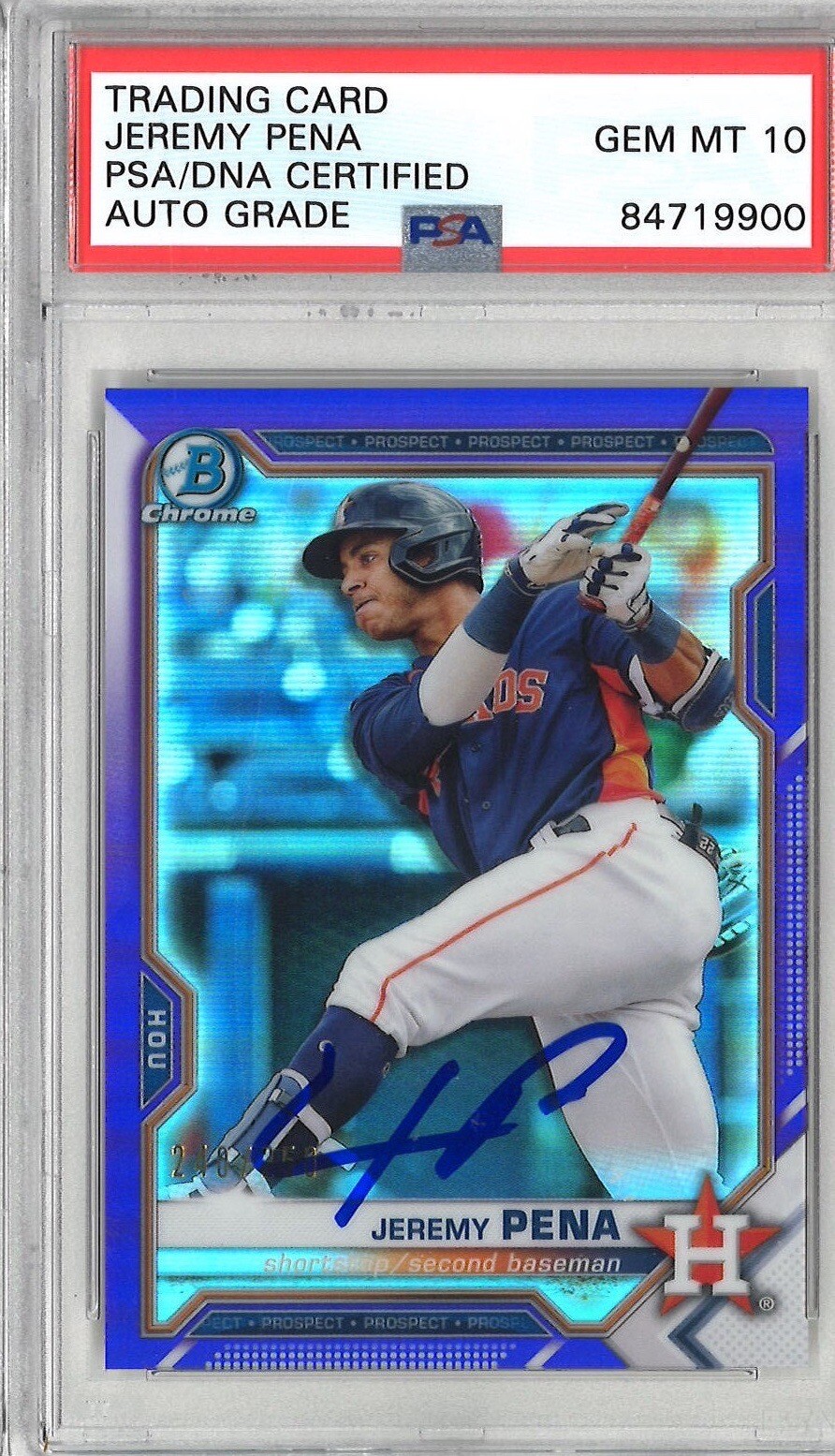 Jeremy Pena Signed 2021 Bowman Chrome BCP-11 Card #240/250 PSA 00 PURPLE MT 10