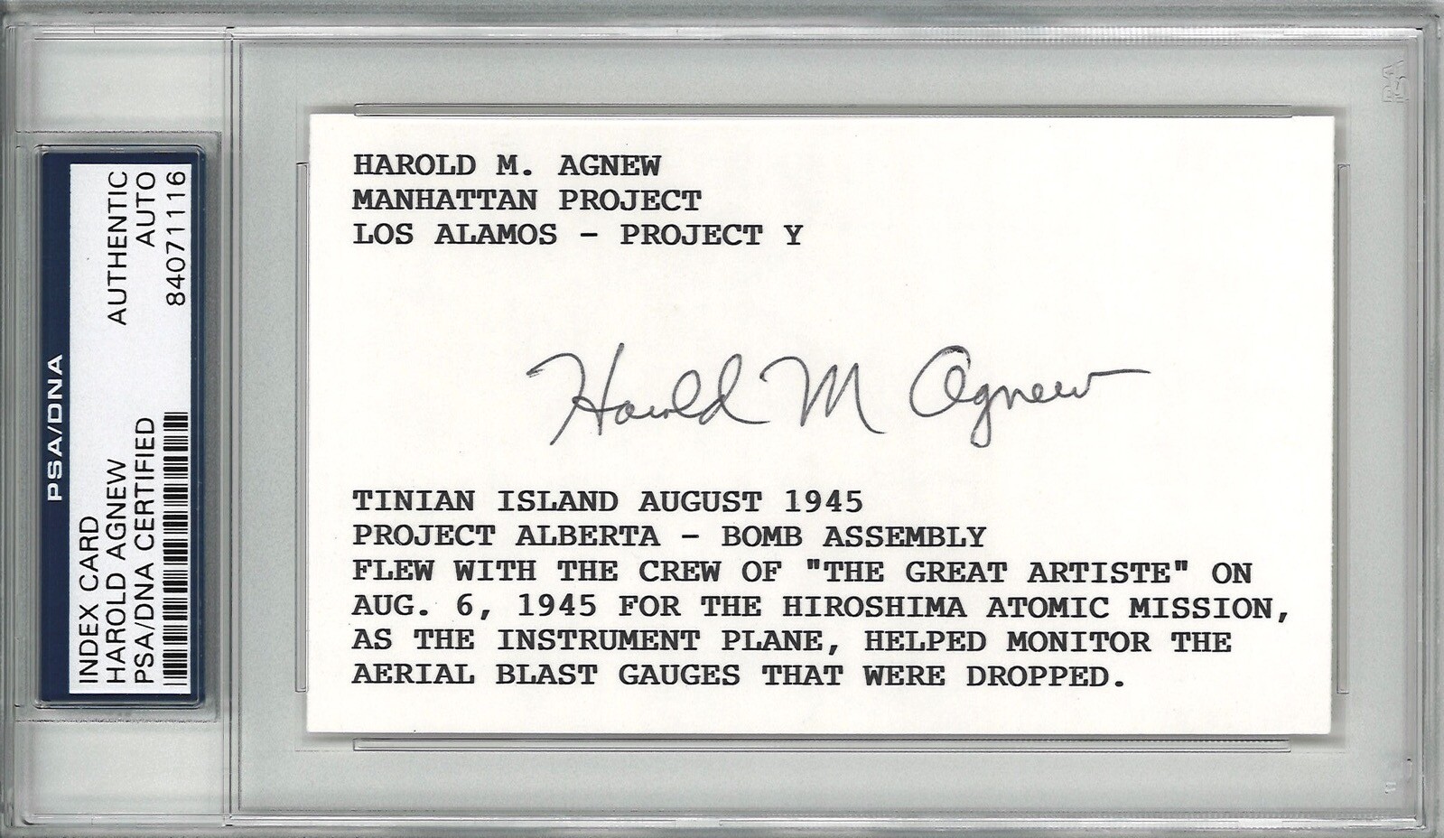 HAROLD AGNEW SIGNED INDEX CARD PSA DNA 84071116 PROJECT A SCIENTIST LOS ALAMOS