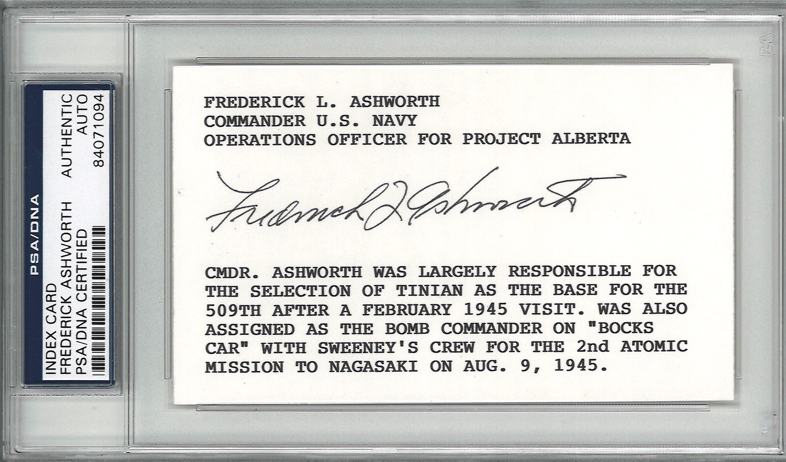 FREDERICK ASHWORTH SIGNED INDEX CARD PSA DNA 84071094 (D) PROJECT ALBERTA