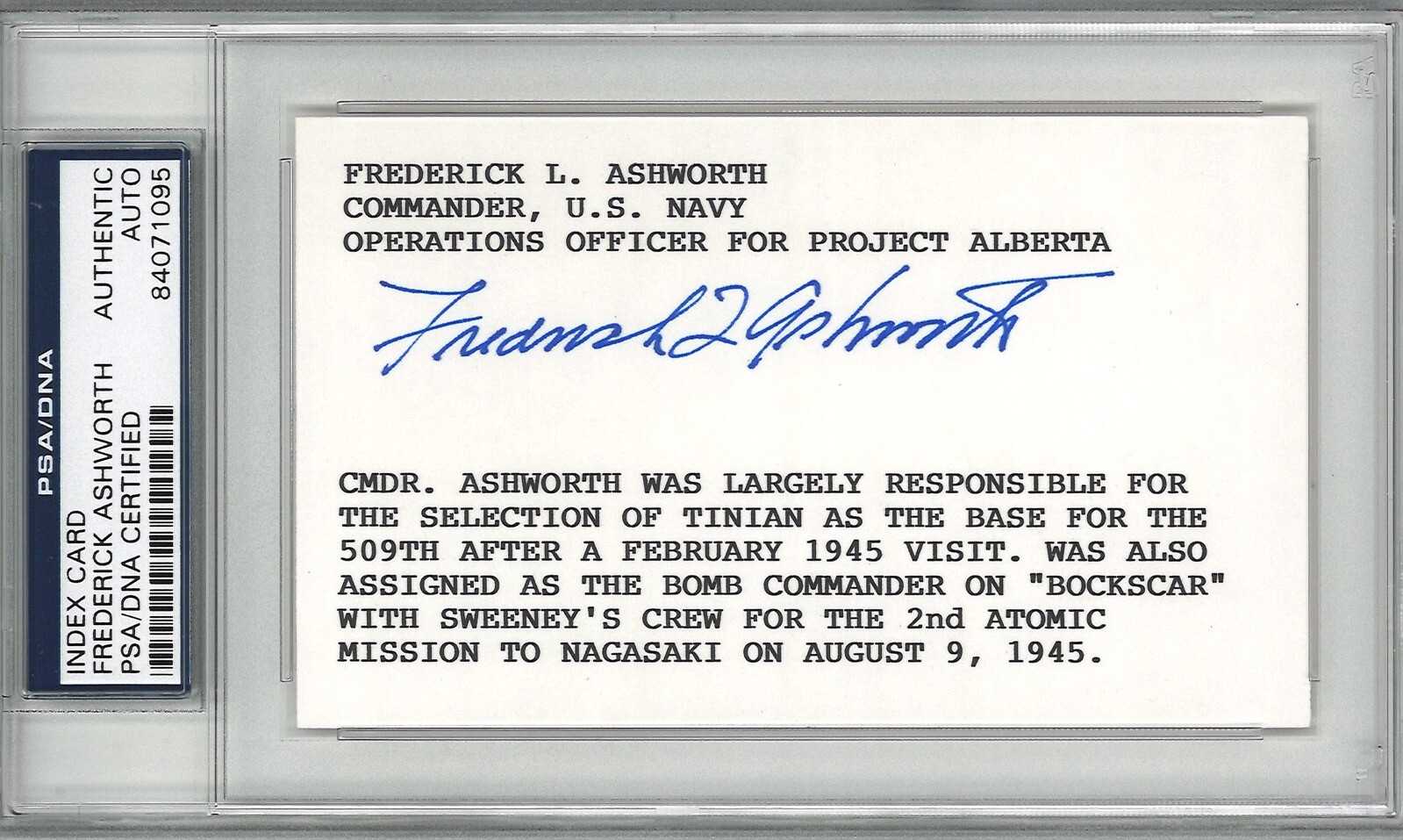 FREDERICK ASHWORTH SIGNED INDEX CARD PSA DNA 84071095 (D) PROJECT ALBERTA