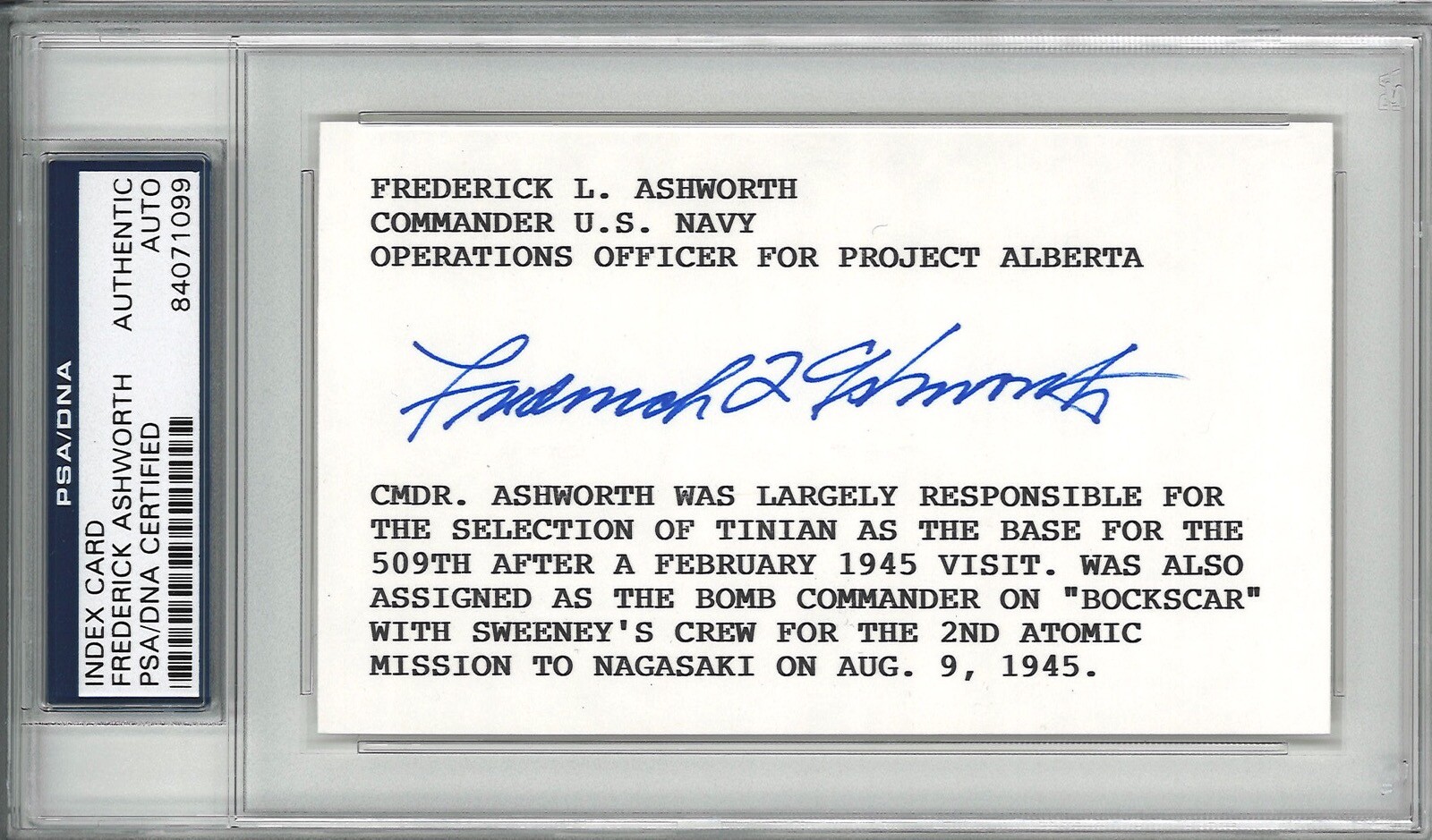 FREDERICK ASHWORTH SIGNED INDEX CARD PSA DNA 84071099 (D) PROJECT ALBERTA