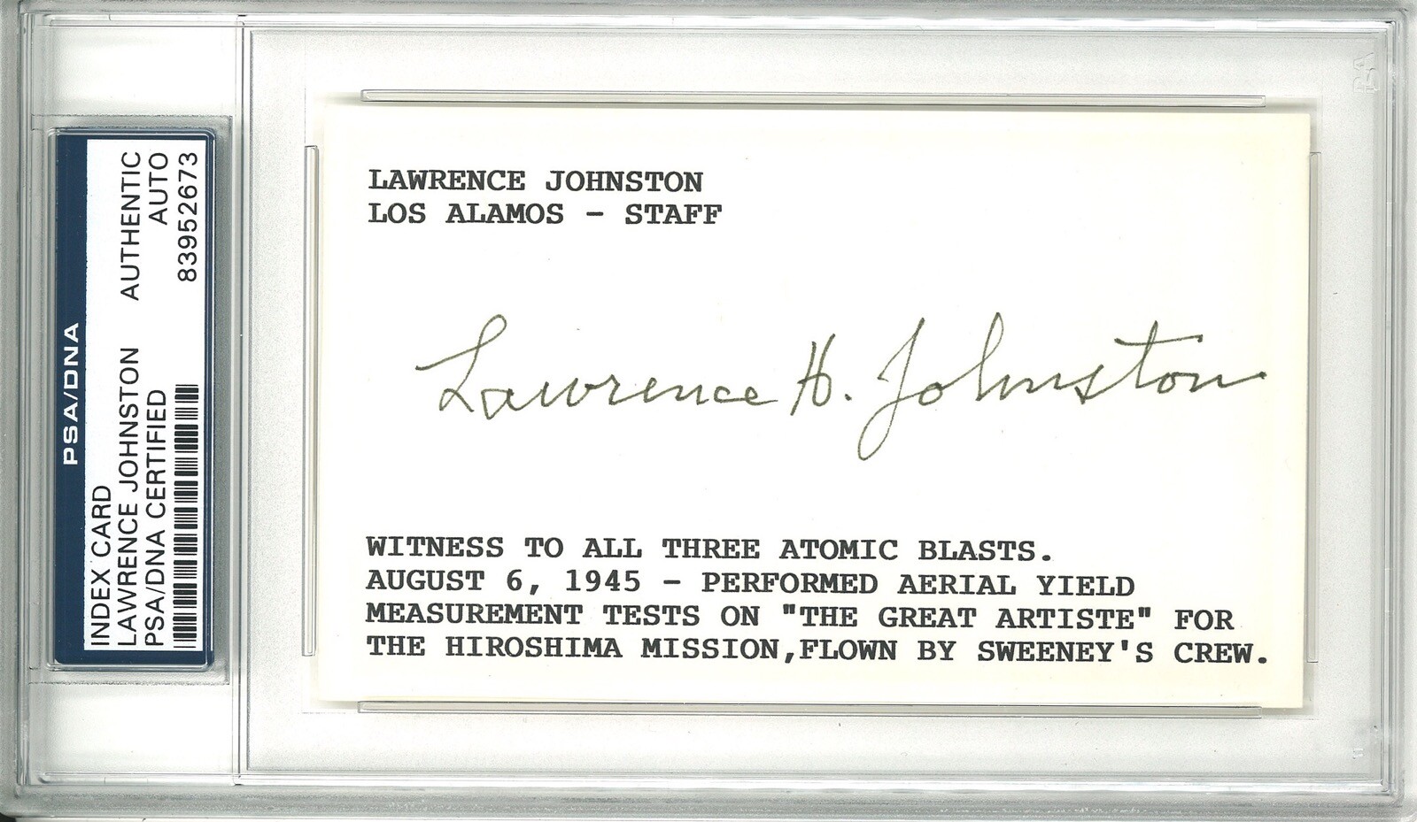 LAWRENCE JOHNSTON SIGNED INDEX CARD PSA DNA 83952673 (D) LOS ALAMOS RARE AUTO