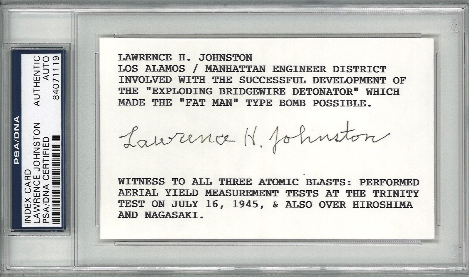 LAWRENCE JOHNSTON SIGNED INDEX CARD PSA DNA 84071119 (D) LOS ALAMOS RARE AUTO