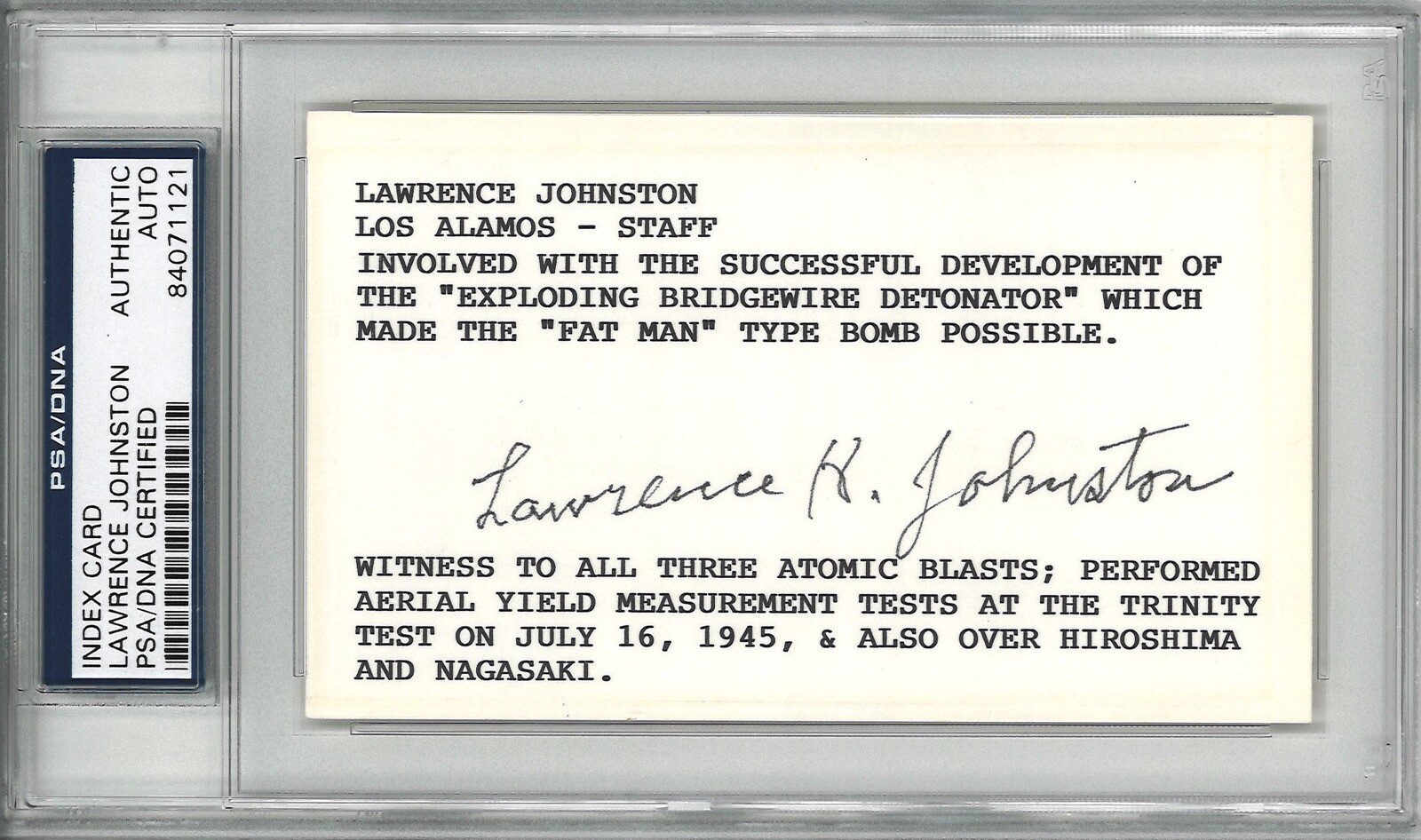 LAWRENCE JOHNSTON SIGNED INDEX CARD PSA DNA 84071121 (D) LOS ALAMOS RARE AUTO