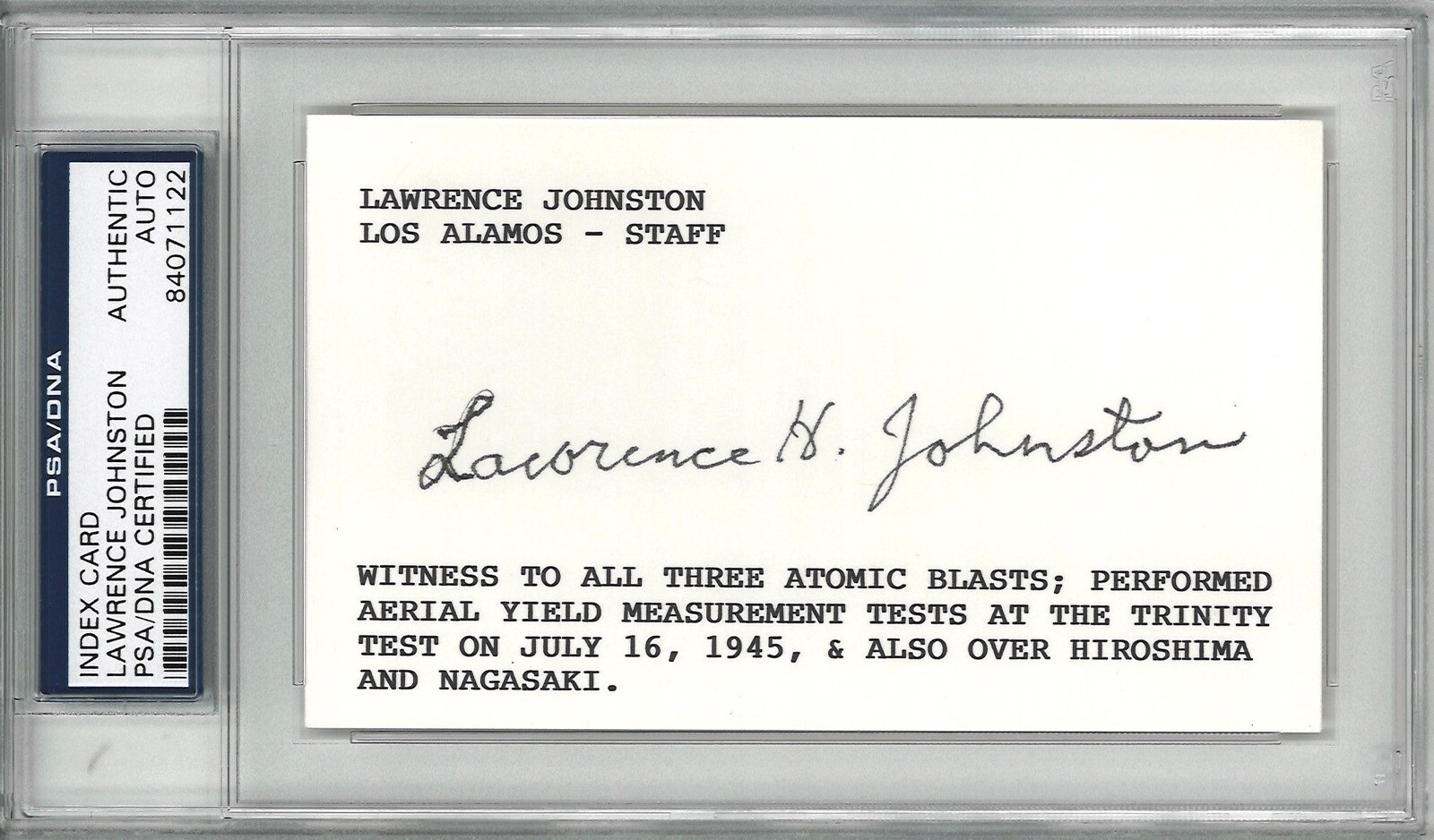 LAWRENCE JOHNSTON SIGNED INDEX CARD PSA DNA 84071122 (D) LOS ALAMOS RARE AUTO