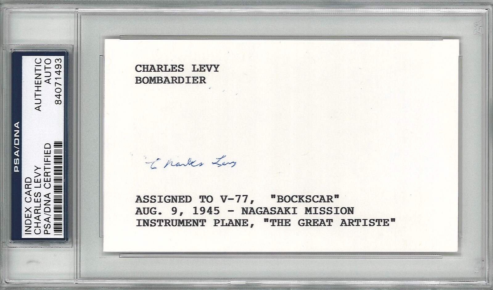 CHARLES LEVY SIGNED INDEX CARD PSA DNA 84071493 (D) BOCKSCAR C-13 RARE AUTO COLLECTIBLE MEMORABILIA