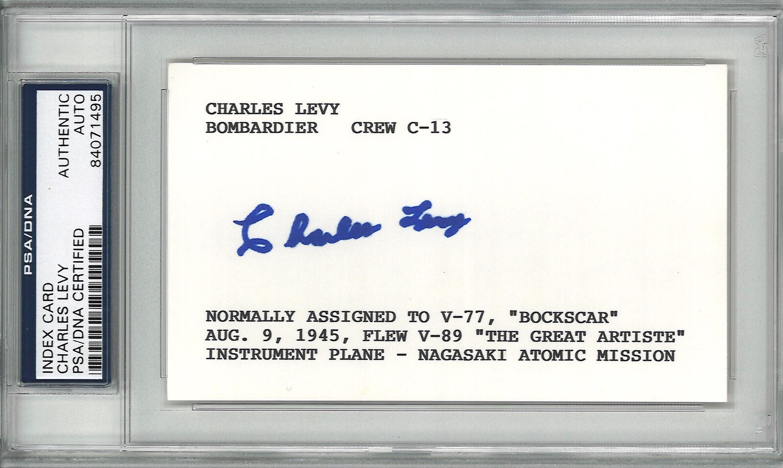 CHARLES LEVY SIGNED INDEX CARD PSA DNA 84071495 (D) BOCKSCAR C-13 RARE AUTO