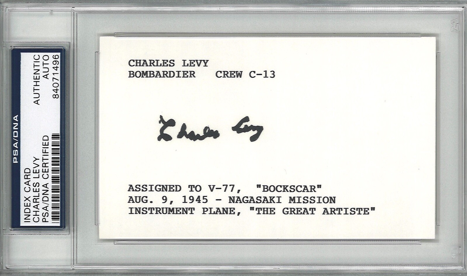 CHARLES LEVY SIGNED INDEX CARD PSA DNA 84071496 (D) BOCKSCAR C-13 RARE AUTO