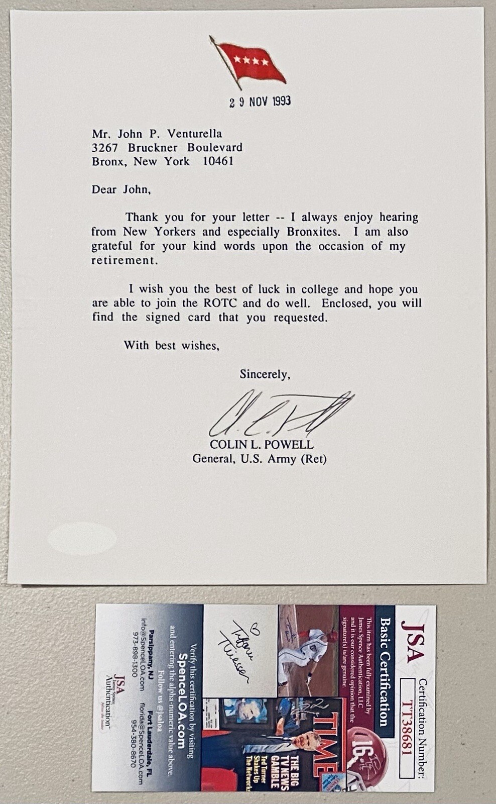 Colin Powell Autographed 7 v 8.5 Typed Letter Signed JSA Cert General
