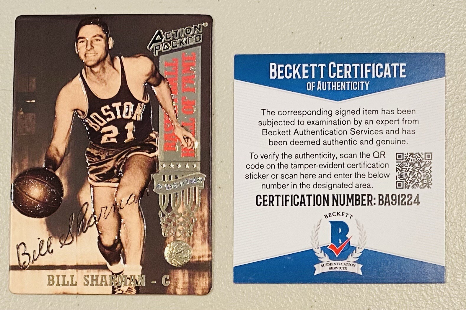 Bill Sharman Signed Autographed 1993 Action Packed Card #27 Beckett BAS Cert

