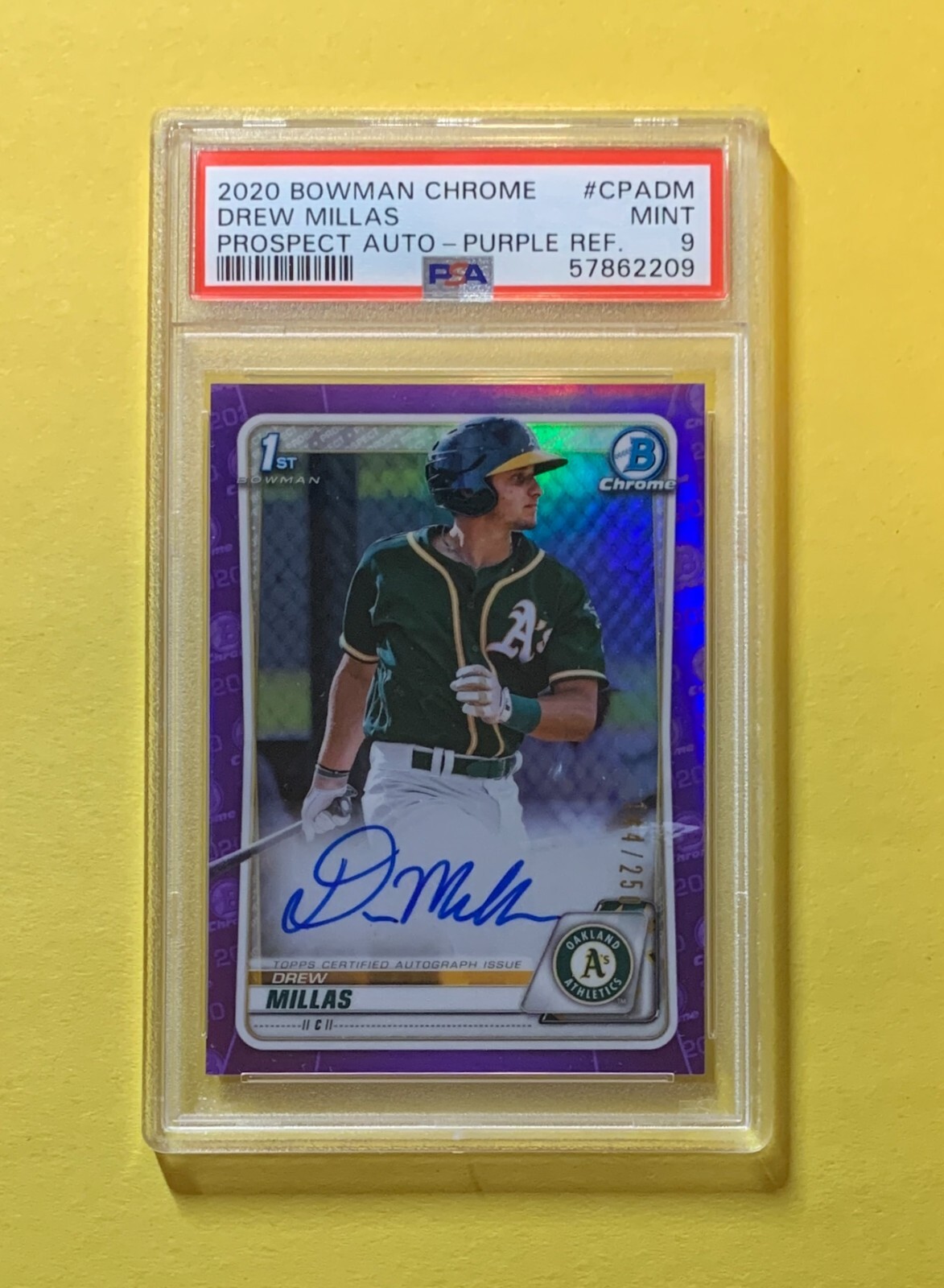 2020 BOWMAN CHROME DREW MILLAS PURPLE AUTO /250 #CPADM PSA MINT 9 ATHLETICS