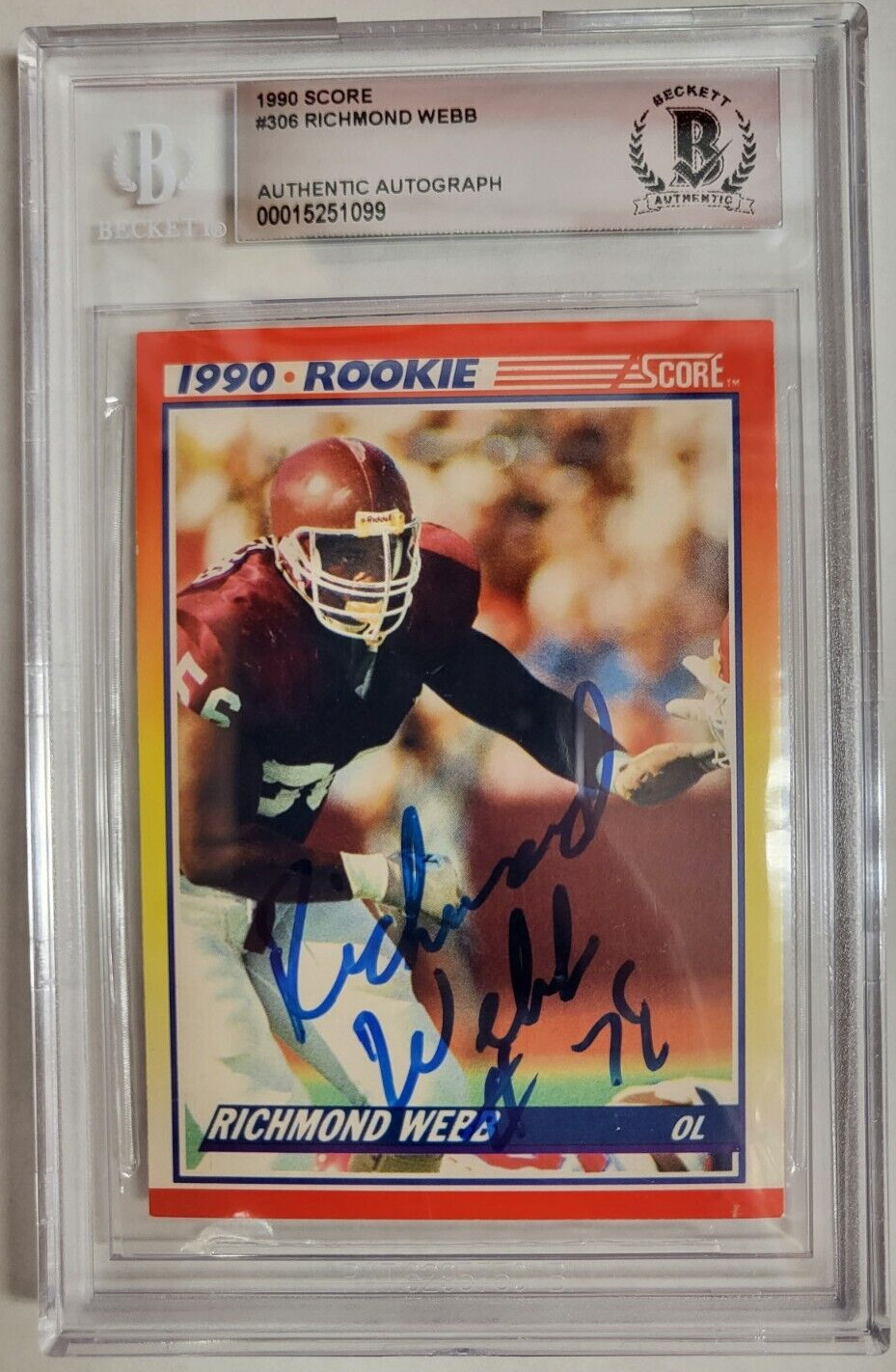 1990 SCORE RICHMOND WEBB DOLPHINS ROOKIE #306 AUTO SIGNED CARD BECKETT AUTHENTIC