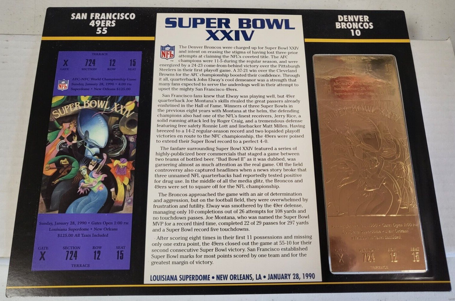 NFL SUPER BOWL XXIV 22KT GOLD TICKET WILLABEE WARD SF 49ERS 55 BRONCOS 10