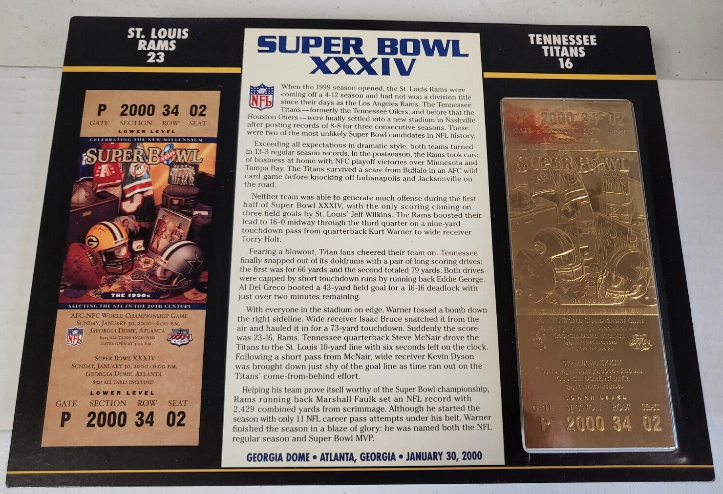 NFL SUPER BOWL XXXIV 22KT GOLD TICKET WILLABEE WARD RAMS 23 TITANS 16