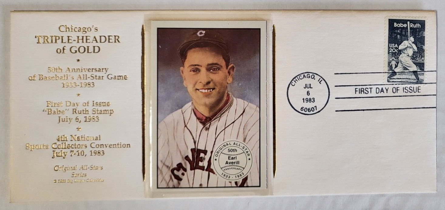 CHICAGO’S TRIPLE-HEADER OF GOLD CACHET FIRST DAY ISSUE BABE RUTH EARL AVERILL COLLECTIBLE MEMORABILIA