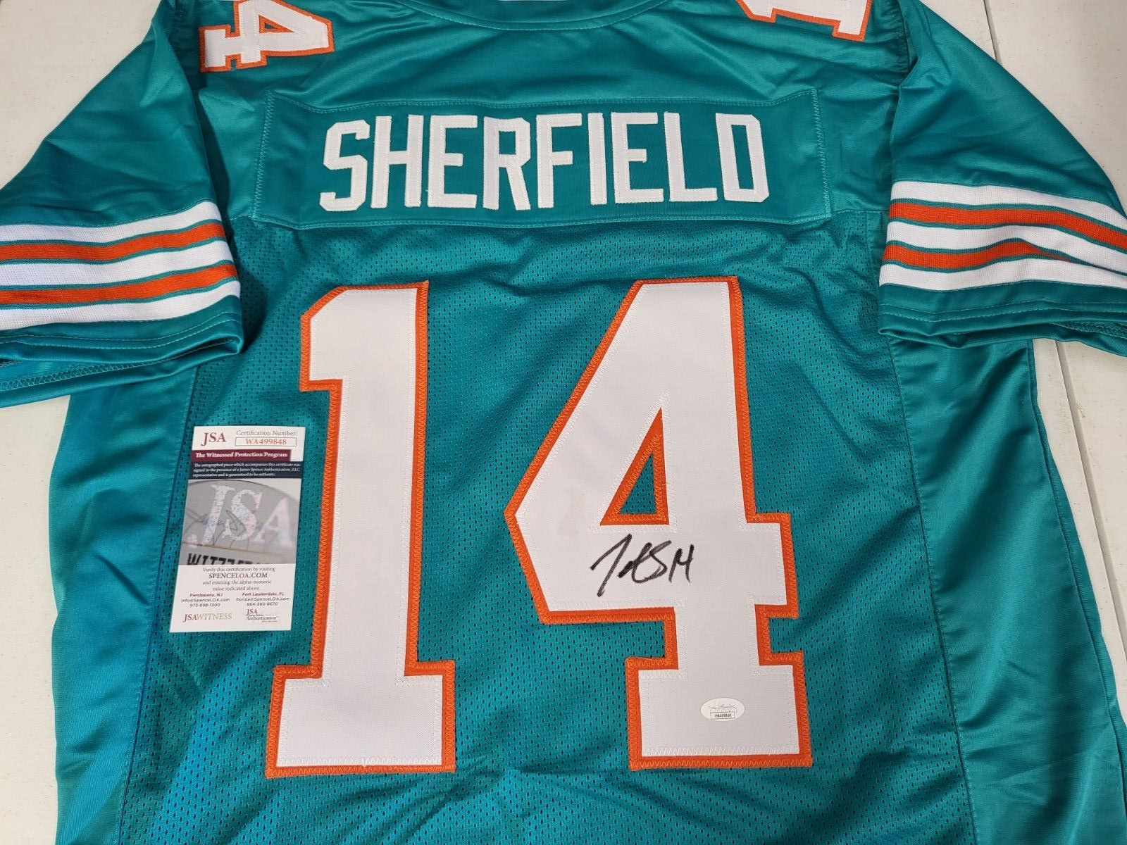 TRENT SHERFIELD #14 MIAMI SIGNED AUTOGRAPHED CUSTOM TEAL JERSEY SIZE XL JSA COA